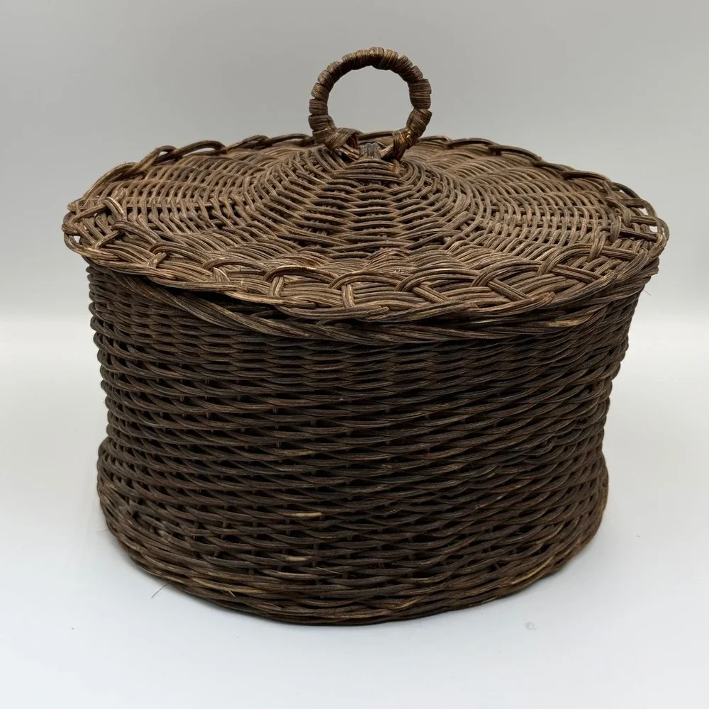 Vintage Round Wicker Sewing Basket Paisley Fabric Lining Dark Brown Storage Lid
